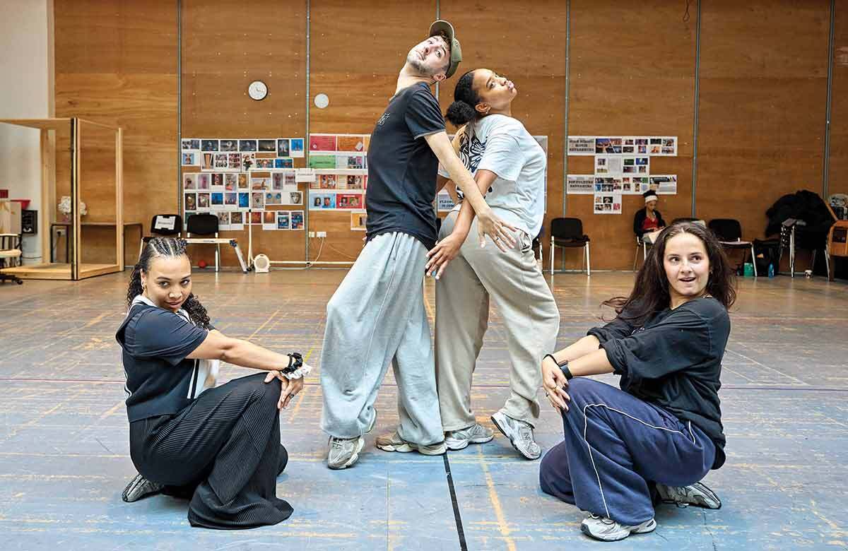 Rachel Seirian, Robert Donnelly, Gabriela Benedetti and Harriet Caplan-Dean in rehearsal for Jack and the Beanstalk at the Lyric Hammersmith. Photo: Manuel Harlan
