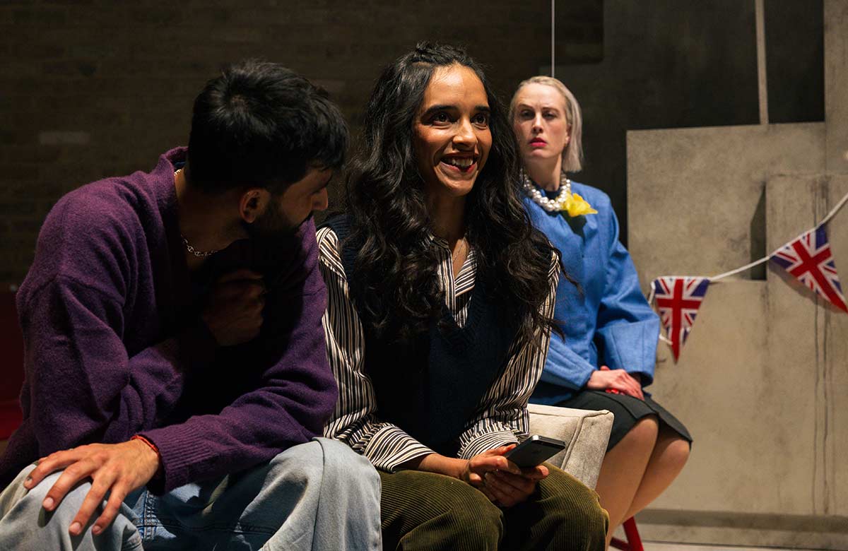 Taraash Mehrotra, Tanya Katyal and Amy Allen in I Dream of Theresa May at Tara Theatre, London. Photo: Adam Razvi