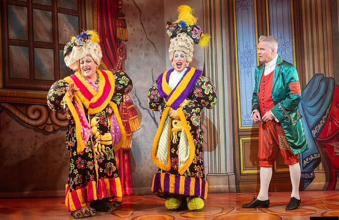 Jeffrey Harmer, Steven Blakeley and Michael Praed in Cinderella at Theatre Royal Windsor. Photo: Jack Merriman