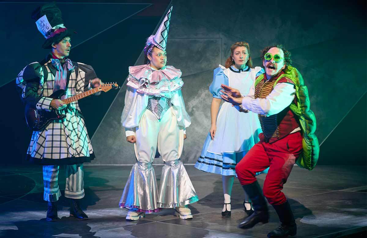 Joe Tweedale, Emily Ivana Hawkins, Elian Mai West and Max James in Alice: Return to Wonderland at the Sherman Theatre, Cardiff. Photo: Mark Douet
