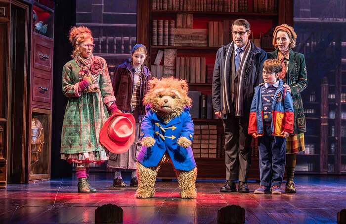 Bonnie Langford, Delilah Bennett-Cardy, James Hameed and Arti Shah, Adrian Der Gregorian and Leo Collon in Paddington the Musical at the Savoy Theatre, London. Photo: Johan Persson