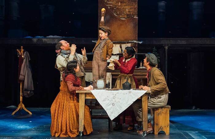Bea Glancy, Stephen Collins, Thalia Coultas, Nadia Nadarajah and Finton Flynn in A Christmas Carol at Leeds Playhouse. Photo: Helen Murray