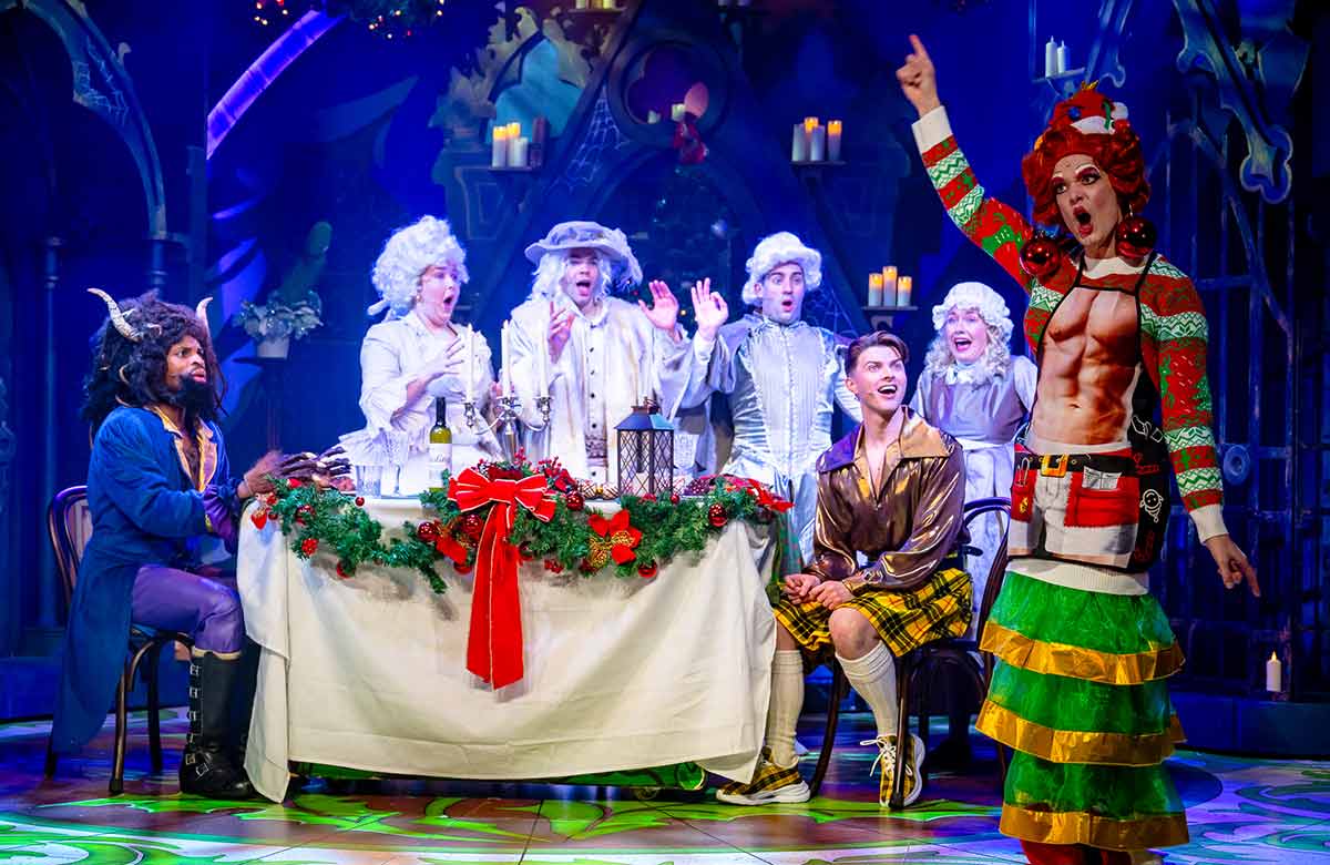Keanu Adolphus Johnson, Matt Kennedy, Matthew Baldwin and the cast of Beauty and the Beast: A Horny Love Story at the Charing Cross Theatre, London. Photo: Steve Gregson
