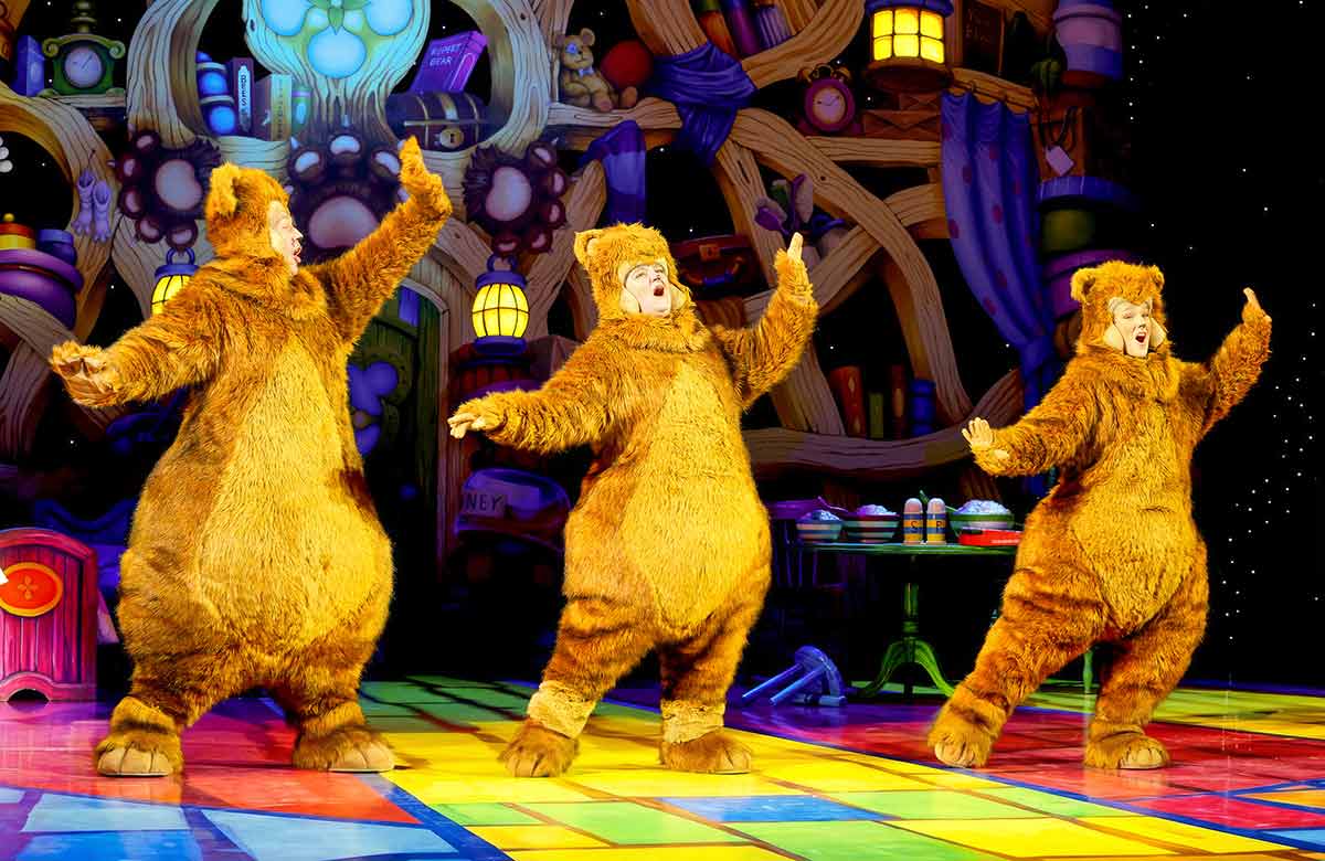 Joshua Lay, Lauren Bimson and Charlotte Pourret in Goldilocks and the Three Bears at Milton Keynes Theatre. Photo: Barry Rivett