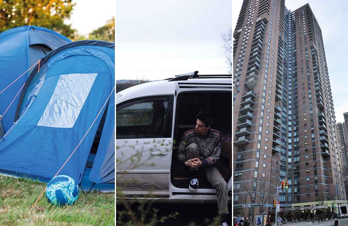 Novel solutions to the digs crisis: tents in a field; Alfie Gidley's van life; Manhattan Plaza, which offers subsided rental accommodation for artists. Photos: Shutterstock/Michael Bednarek via Wikicommons (Plaza)
