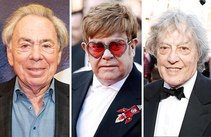 Andrew Lloyd Webber, Elton John and Tom Stoppard. Photos: Shutterstock/Pamela Raith