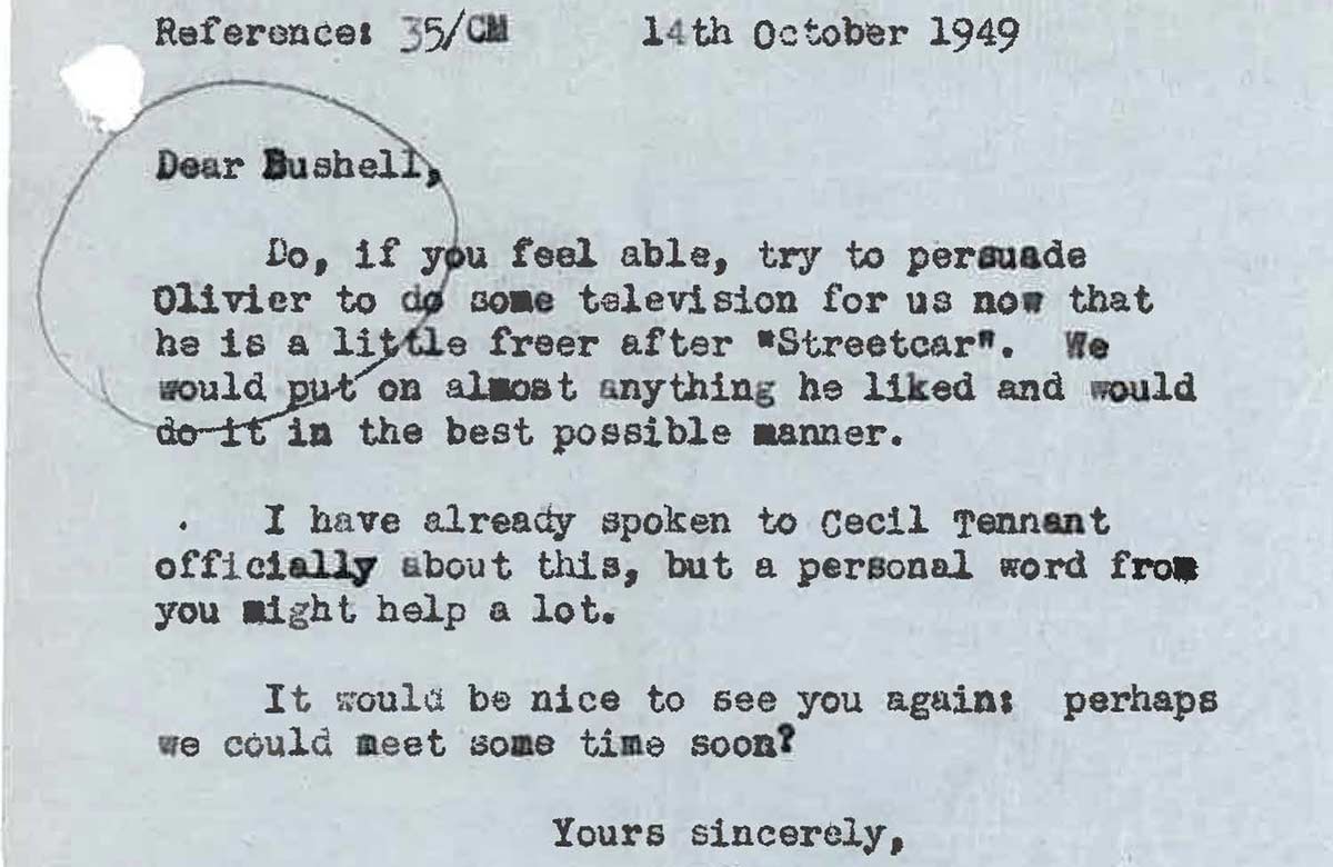 Letter from Cecil Madden to Anthony Bushell, 14 Oct 1949, from the BBC Archive. Photo: BBC Letter from Cecil Madden to Anthony Bushell, 14 Oct 1949, from the BBC Archive. Photo: BBC