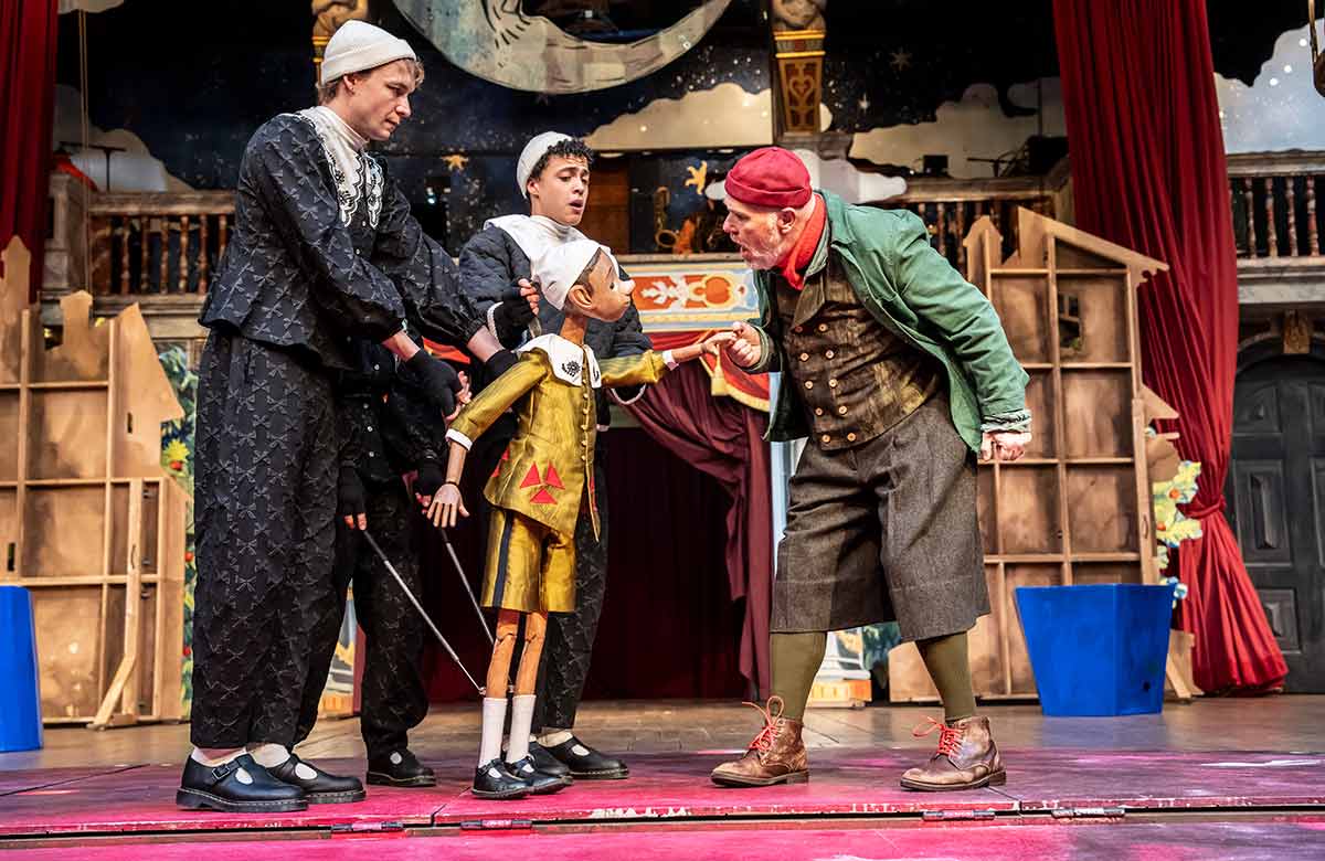 Stan Middleton, Lee Braithwaite and Nick Holder in Pinocchio at the Globe Theatre, Shakespeare&rsquo;s Globe, London. Photo: Johan Persson