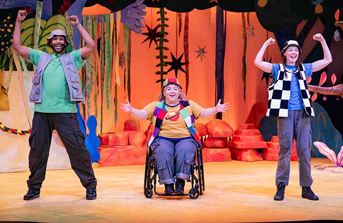 Spencer Lee Osborne, Millie Elkins-Green and Amelia Gabriel in The Elmer Adventure at Soho Theatre Walthamstow. Photo: Mark Senior