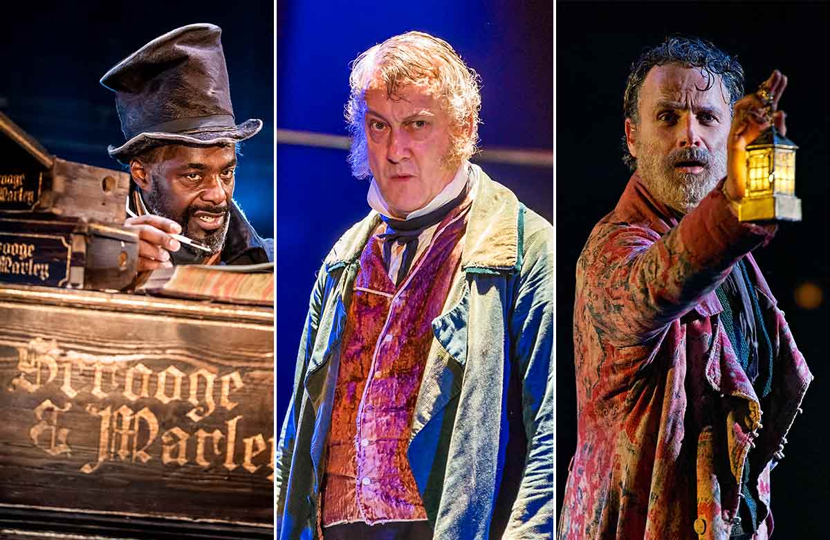 Paterson Joseph, Stephen Tompkinson and Andrew Lincoln in A Christmas Carol at the Old Vic, London. Photo: Tristram Kenton/Manuel Harlan