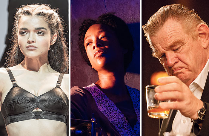 Rachel Zegler in Evita, Samira Wiley in Intimate Apparel and Brendan Gleeson in The Weir. Photos: Marc Brenner/Helen Murray/Rich Gilligan