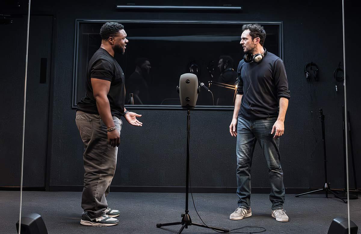 Jonathan Livingstone and George Blagden in A Ghost in Your Ear at Hampstead Theatre Downstairs, London. Photo: Marc Brenner