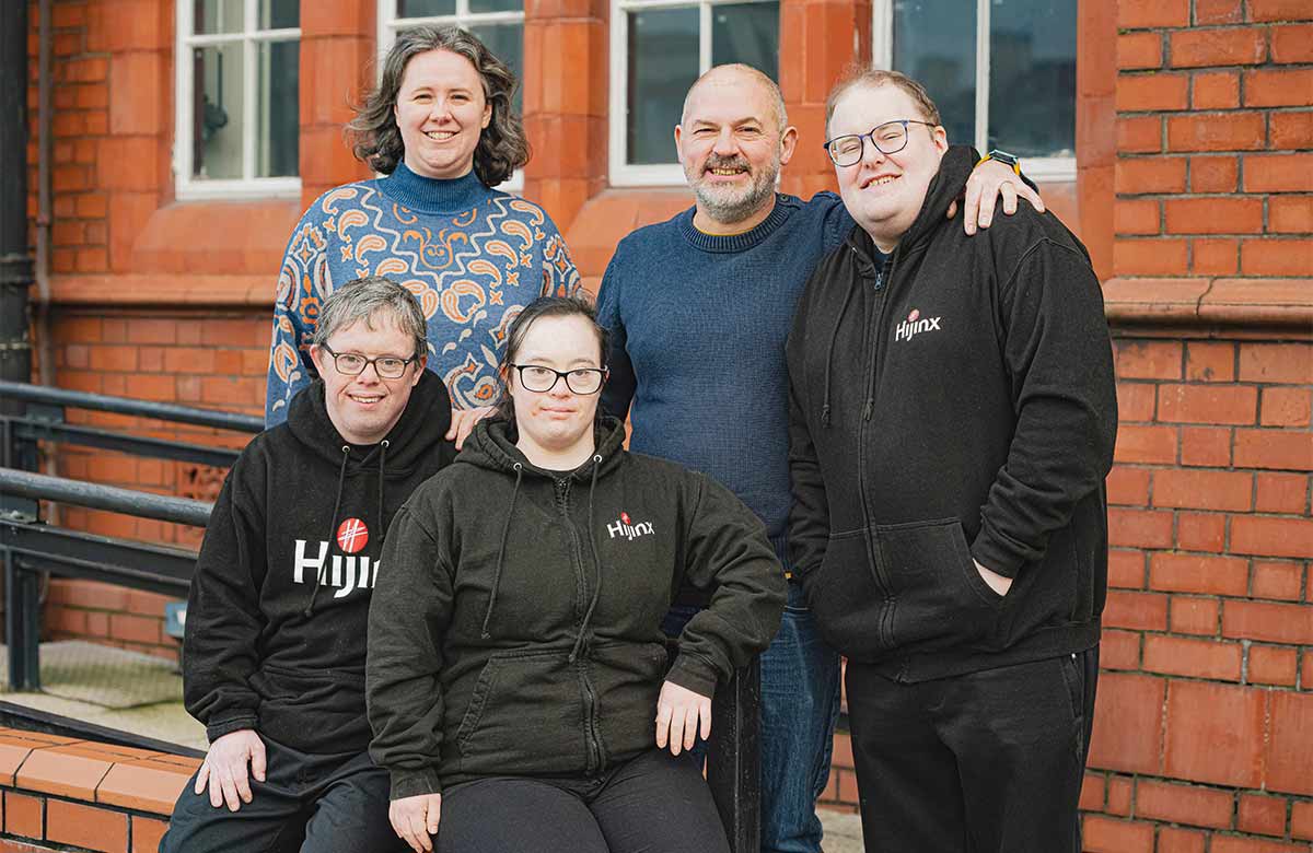 Back row, left to right: Eloise Tong (executive director and co-chief executive), Ben Pettitt-Wade (artistic director and co-chief executive), Hijinx actor Matthew Mullins; front row, left to right: Hijinx actors Gareth Clark and Hannah Morley. Photo: Kirs