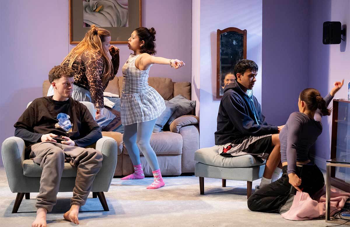 Alec Boaden, Molly Hewitt-Richards, Anushka Chakravarti, Ragevan Vasan and Zoë Armer in The Virgins at Soho Theatre, London. Photo: Camilla Greenwell Alec Boaden, Molly Hewitt-Richards, Anushka Chakravarti, Ragevan Vasan and Zoë Armer in The Virgins at Soho Theatre, London. Photo: Camilla Greenwell