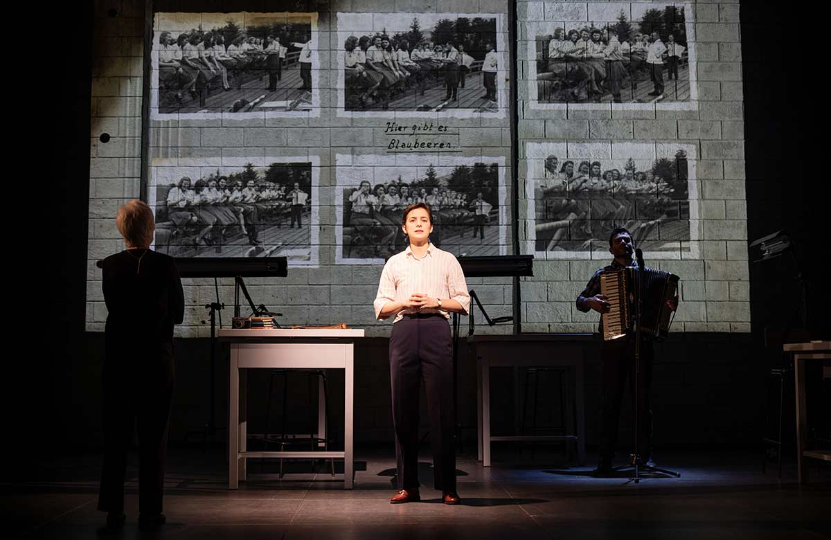Geraldine Alexander, Philippine Velge and Arthur Wilson in Here There Are Blueberries at Theatre Royal Stratford East, London. Photo: Mark Senior