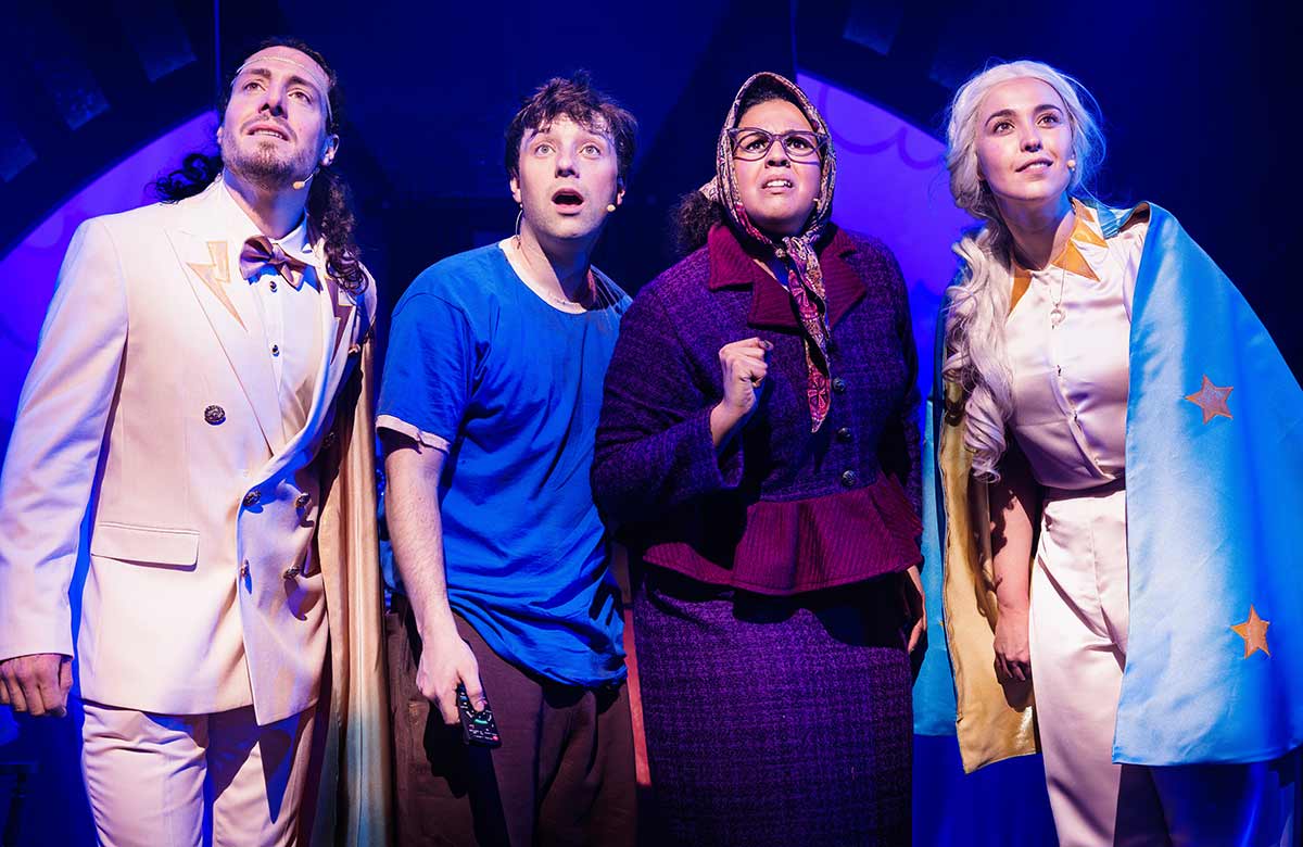Jazz Evans, Andy Owens, Harriett O'Grady and Nadia Wyn Abouayen in Who Let the Gods Out at Polka Theatre, London. Photo: Jake Bush