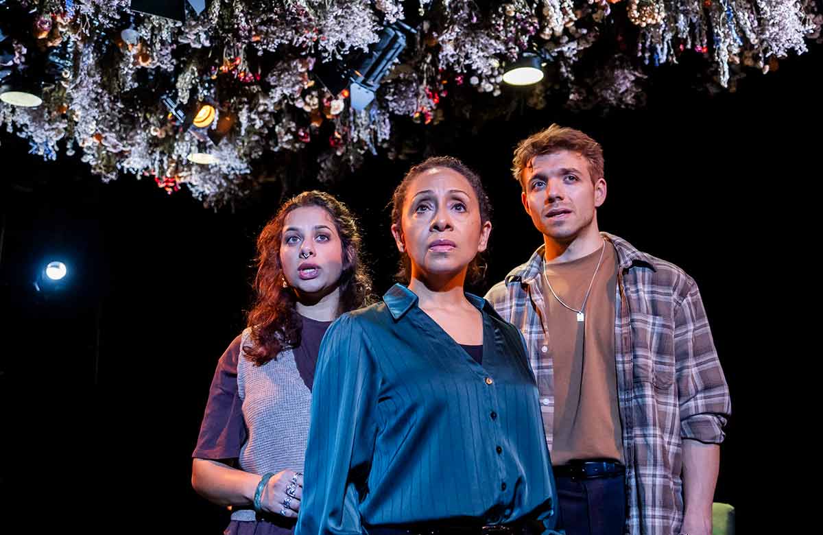 Safiyya Ingar, Marcia Lecky and Sam Baker Jones in Maggots at the Studio, Bush Theatre, London. Photo: Tristram Kenton