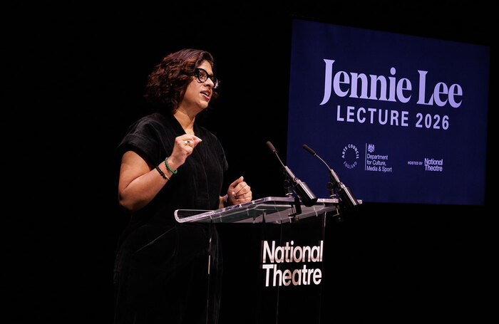 Indhu Rubasingham delivering the second Jennie Lee lecture. Photo by Katya Ilina