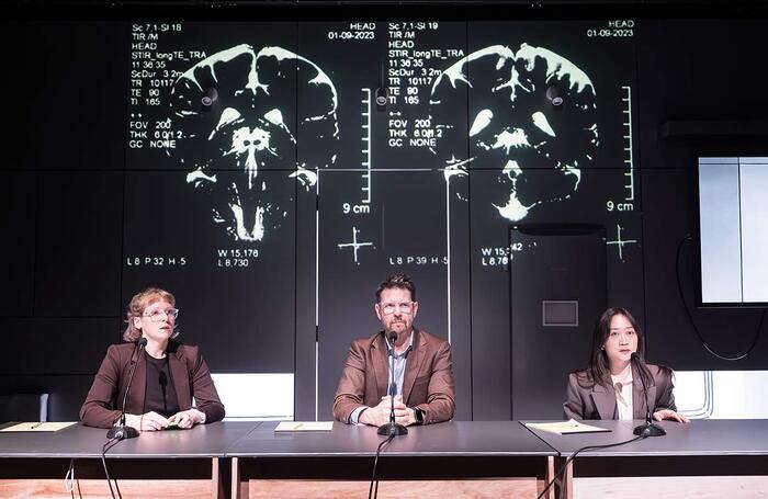 Letty Thomas, Lloyd Owen and Millicent Wong in R.O.I. (Return on Investment) at Hampstead Downstairs, London. Photo: Marc Brenner