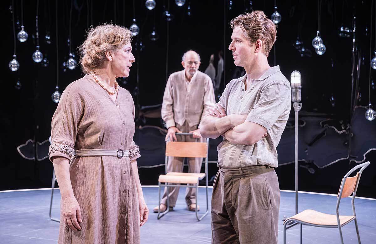 Alex Kingston, Richard Schiff and Damien Molony in Copenhagen at Hampstead Theatre, London. Photo: Marc Brenner