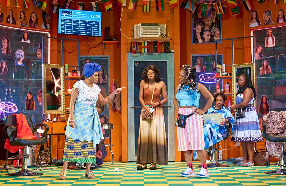 Dolapo Oni, Dani Moseley, Bola Akeju, Karene Peter and Jadesola Odunjo in Jaja&rsquo;s African Hair Braiding at the Lyric Hammersmith, London. Photo: Manuel Harlan