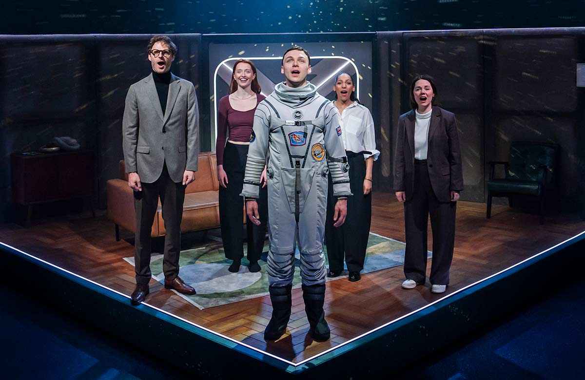 Rupert Young, Poppy Gilbert, Stuart Thompson, Simbi Akande and Gina Beck in Flyby at Southwark Playhouse Borough, London. Photo: Tristram Kenton