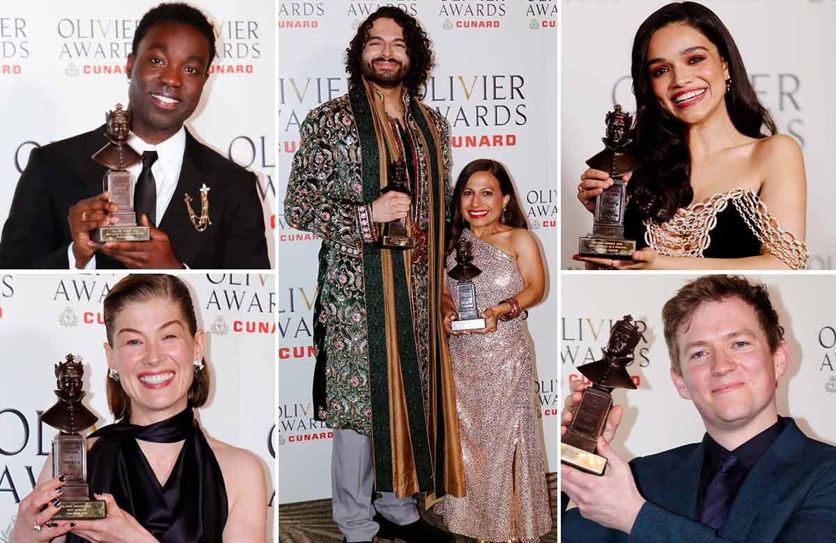 Winners at the Olivier Awards 2026: (clockwise form left) Paapa Essiedu, James Hameed and Arti Shah (Paddington Bear), Rachel Zegler, Jack Holden and Rosamund Pike. Photos: Kashfi Khan