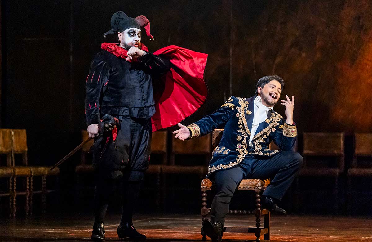 George Petean and Iv&aacute;n Ay&oacute;n Rivas in Rigoletto at the Royal Opera House, London. Photo: Tristram Kenton