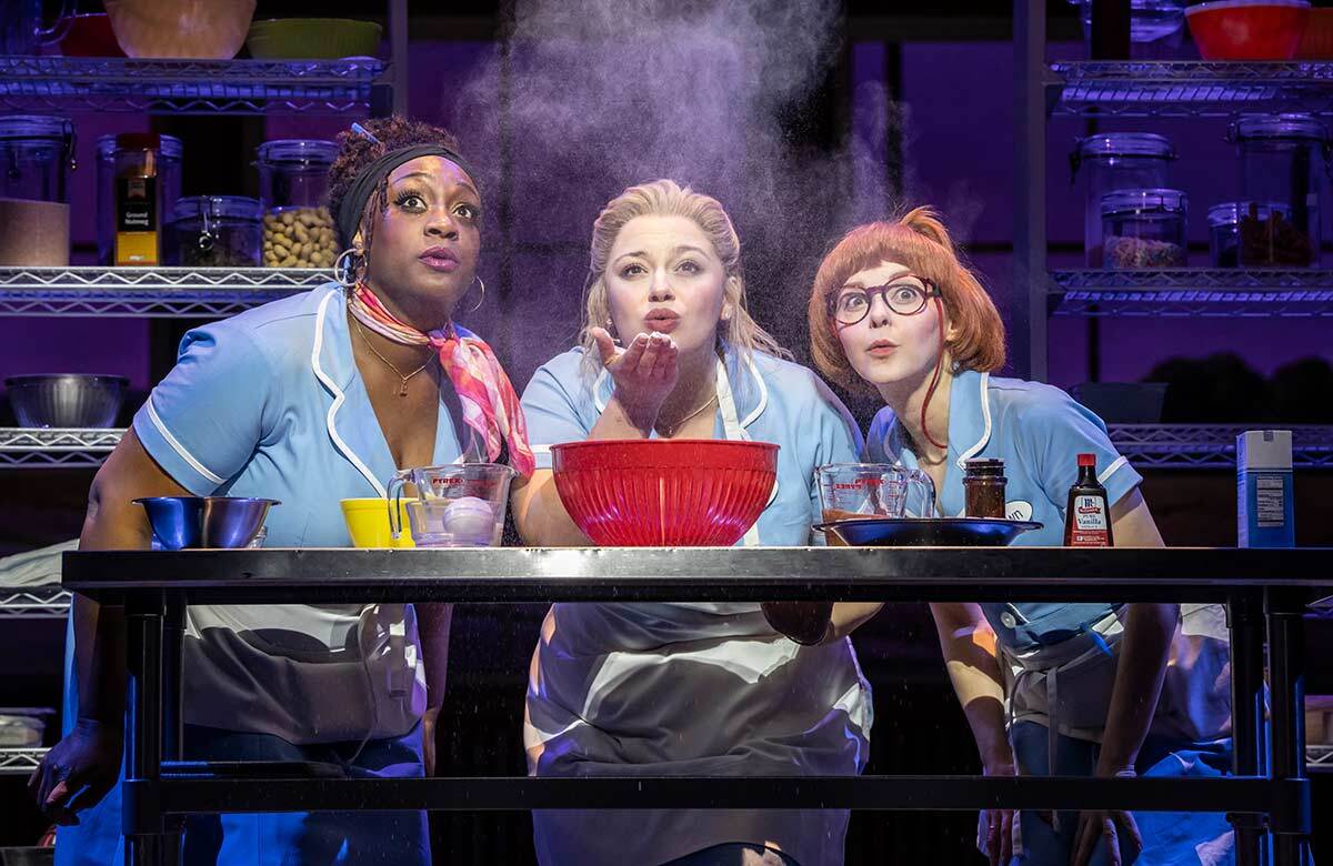 Sandra Marvin, Carrie Hope Fletcher and Evelyn Hoskins in Waitress at the New Wimbledon Theatre, London. Photo: Johan Persson