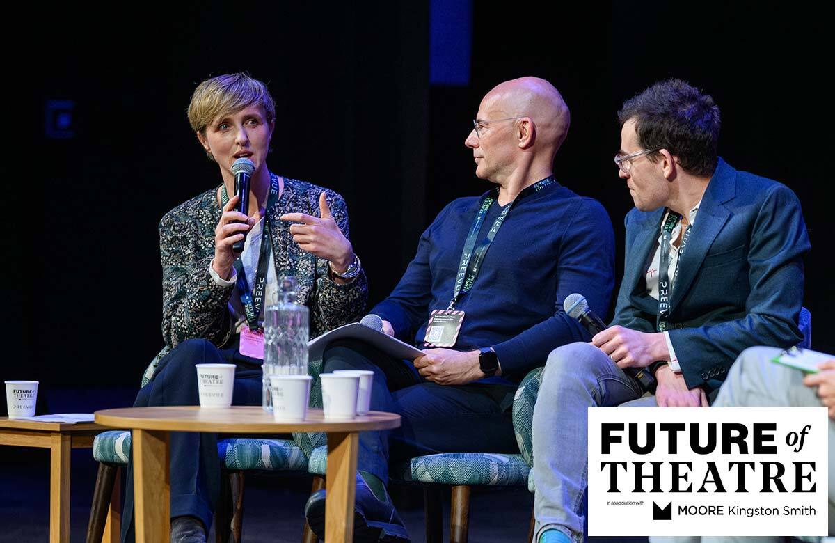 RSC leaders Tamara Harvey, Daniel Evans and Andrew Leveson talking at The Stage's Future of Theatre conference 2026. Photo: David Monteith-Hodge
