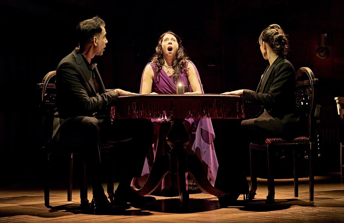 Jaz Singh Deol, Eileen Walsh and Nikhita Lesler in The Psychic at York Theatre Royal. Photo: Manuel Harlan