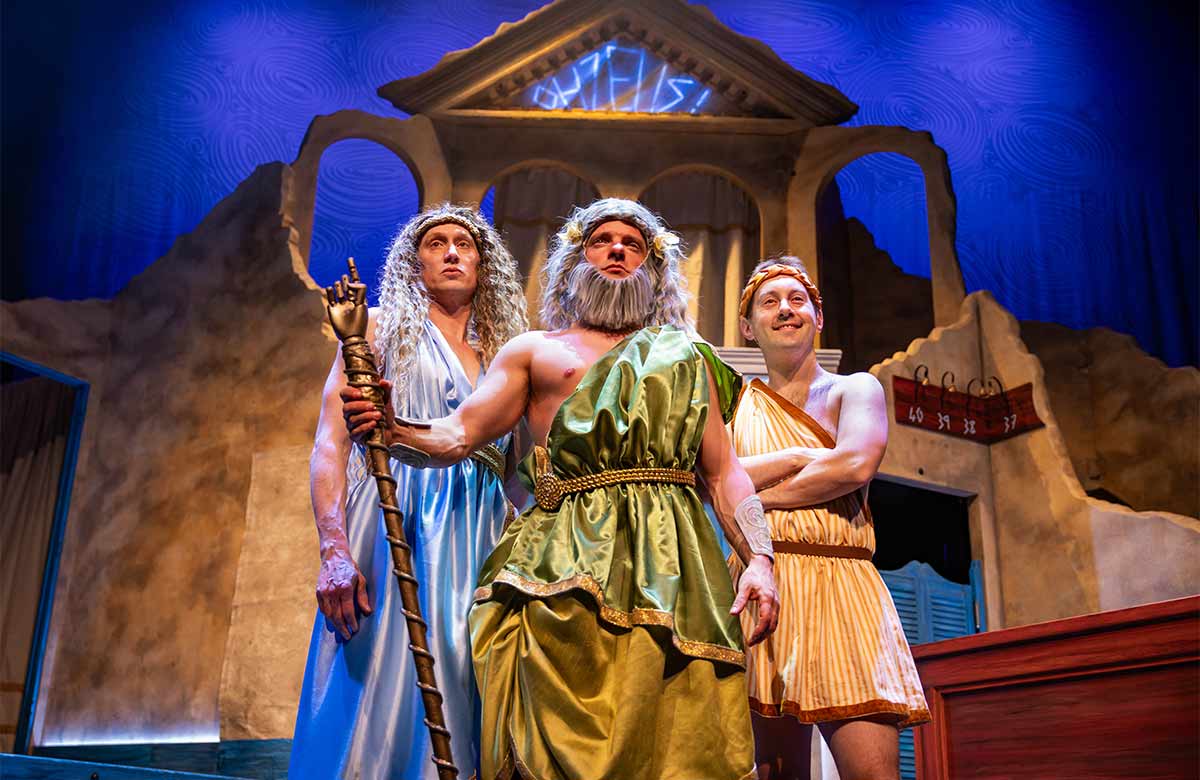Matt Freeman, Al Dunn and Nick Bunt in Oh Zeus! at the New Wolsey Theatre, Ipswich. Photo: Mark Senior