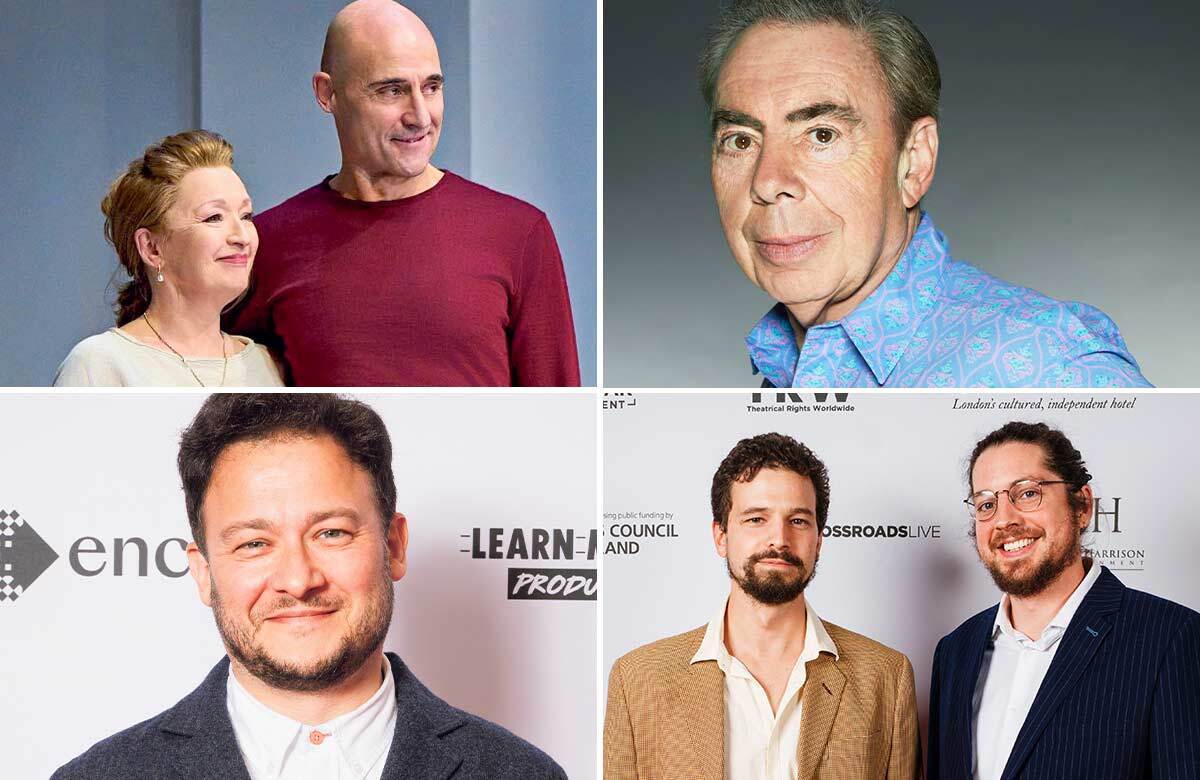 Lesley Manville and Mark Strong in Oedipus; Andrew Lloyd Webber; Kit Buchan and Jim Barne; and Mark Rosenblatt. Photos: Manuel Harlan/Alex Brenner