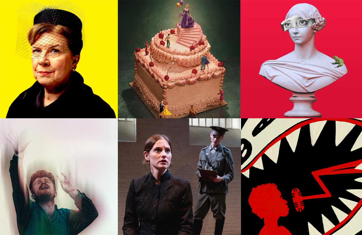 Promotional images for (clockwise from top left) Cathy, After Party, Supposing:, Badger, Mrs. Stern Wanders the Prussian State Library and The Singer Promotional images for (clockwise from top left) Cathy, After Party, Supposing:, Badger, Mrs. Stern Wanders the Prussian State Library and The Singer