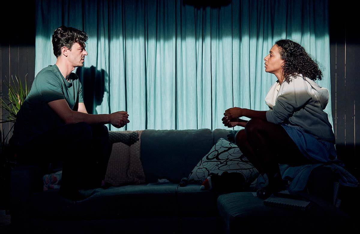 Jerome Yates and Tia Bannon in I'm Not Being Funny at Bush Theatre Studio, London. Photo: Richard Lakos