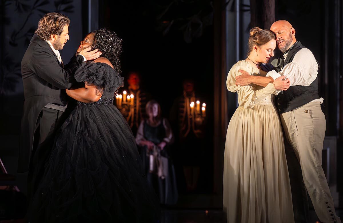 Andrey Zhilikhovsky, Masabane Cecilia Rangwanasha, Louise Alder and Alex Esposito in The Marriage of Figaro at the Royal Opera House, London. Photo: Mihaela Bodlovic