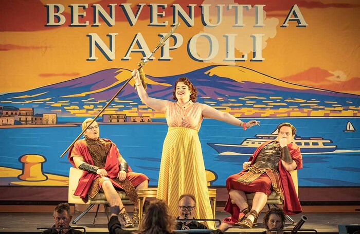 Osian Wyn Bowen, Madeline Boreham and Paul Grant in Cos&igrave; Fan Tutte at Opera Holland Park, London. Photo: Craig Fuller