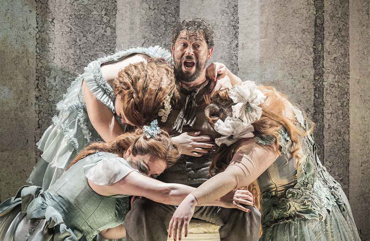 David Stout with Ailish Tynan, Olivia Rose Tringham and Charlotte Bateman in Das Rheingold at Grange Park Opera, Surrey. Photo: Marc Brenner