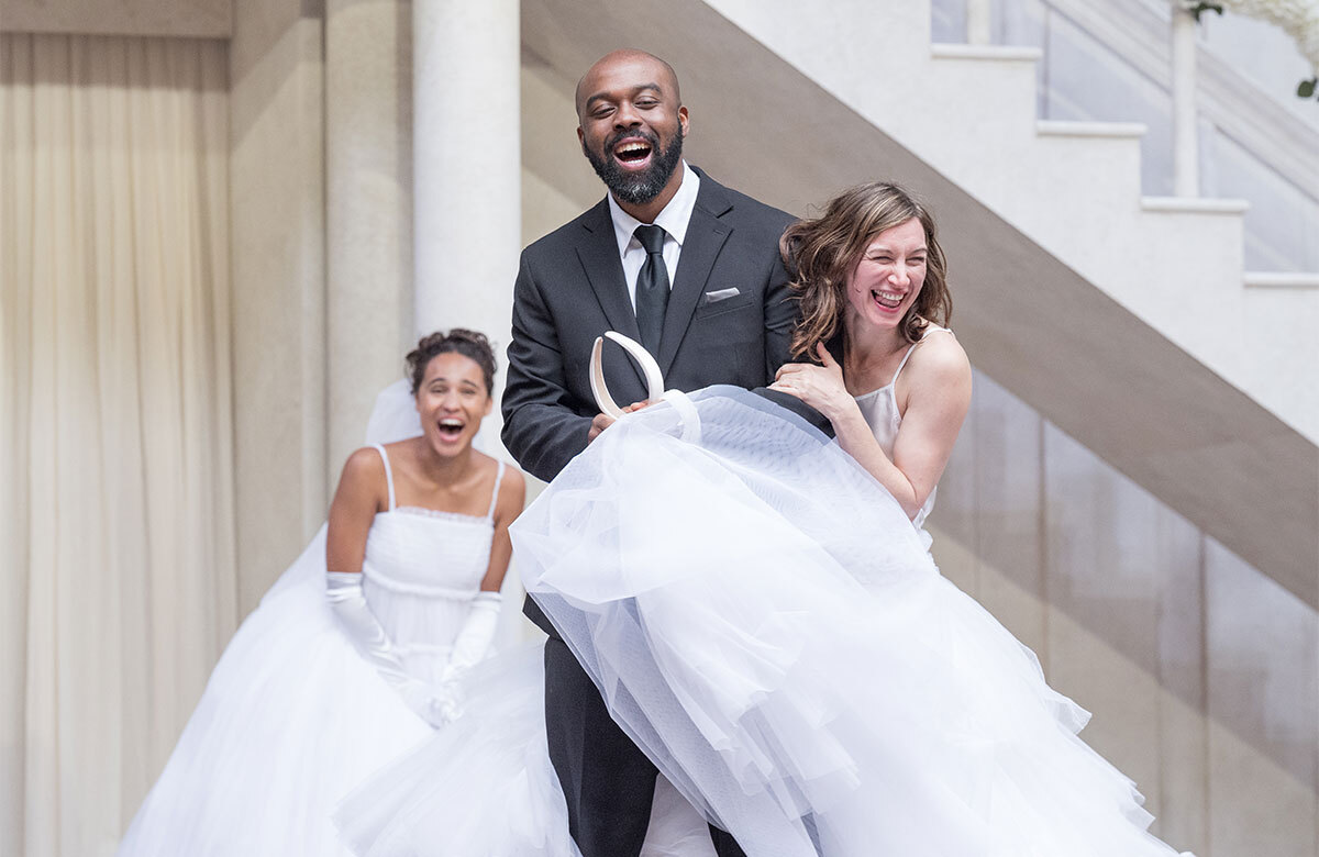 Assa Kanout&eacute;, Ken Nwosu and Pippa Nixon in Much Ado About Nothing at Shakespeare&rsquo;s Globe, London. Photo: Marc Brenner