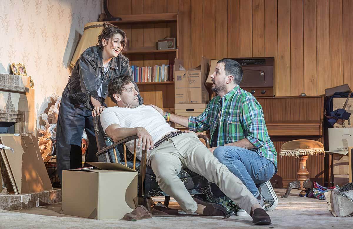 Charly Clive, JJ Feild and Sam Swainsbury in Relics at the Lyric Hammersmith Theatre, London. Photo: Marc Brenner