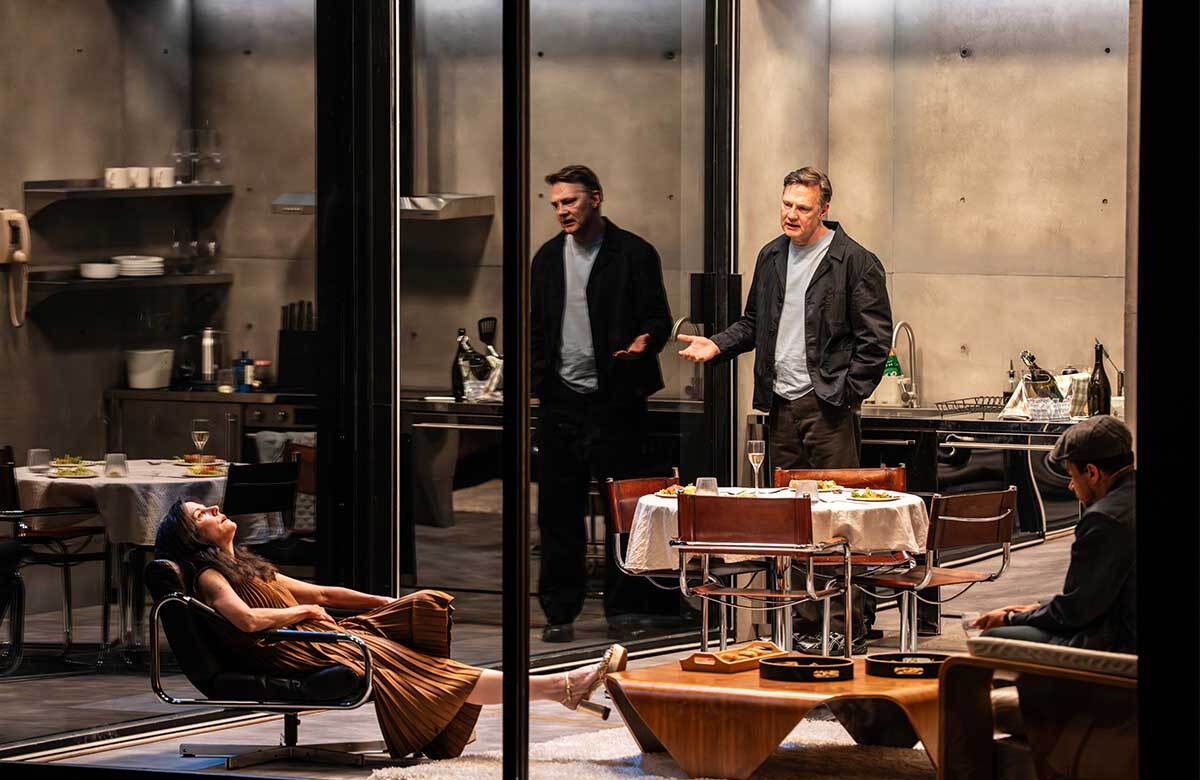 Mary-Louise Parker, David Morrissey and John Macmillan in The Oresteia at the Bridge Theatre, London. Photo: Johan Persson Mary-Louise Parker, David Morrissey and John Macmillan in The Oresteia at the Bridge Theatre, London. Photo: Johan Persson