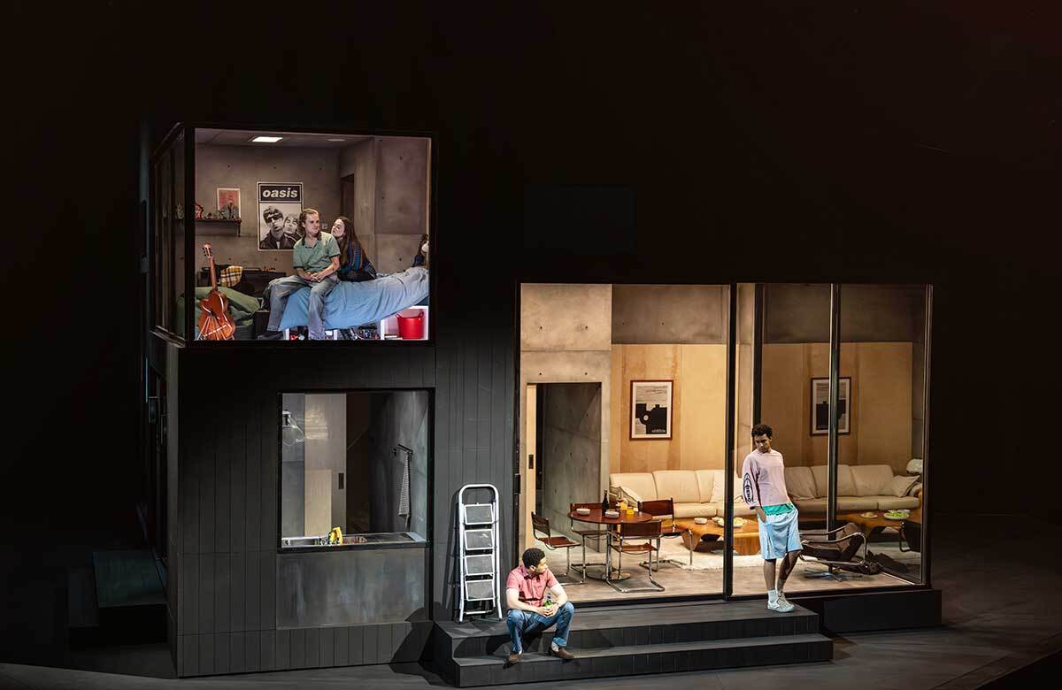 Tom Glynn-Carney, Rosie Sheehy, John Macmillan and Archie Madekwe in The Oresteia at the Bridge Theatre, London. Photo: Johan Persson Tom Glynn-Carney, Rosie Sheehy, John Macmillan and Archie Madekwe in The Oresteia at the Bridge Theatre, London. Photo: Johan Persson