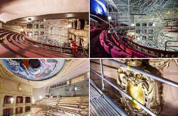 Extensive scaffolding at various stages of the restoration (top) and decorative details on the auditorium roof and walls. Photos: Anneleen Lindsay