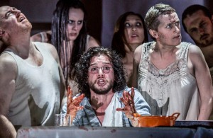 EMBARGOED until 26 04 16 (l - r) Forbes Masson, Kit Harington and Jenna Russell in Doctor Faustus at the Duke of York's Theatre London CREDIT Marc Brenner